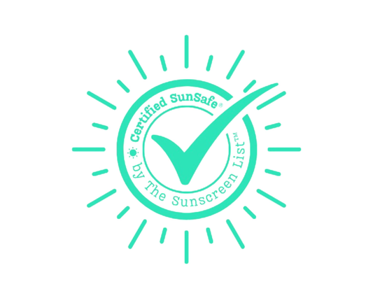 A green sun stamp with certification tick respresenting The Sunscreen List's SunSafe® approval in the Eco category