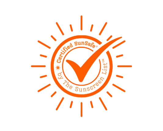 n orange sun stamp with certification tick respresenting The Sunscreen List's SunSafe® approval in the sensitive skin category of sun protection products