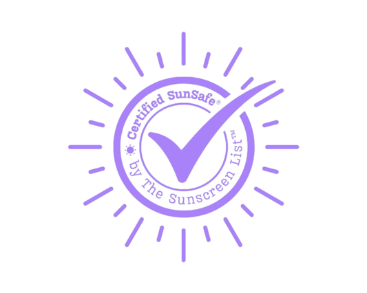 A purple sun stamp with certification tick respresenting The Sunscreen List's SunSafe® approval in the Active category for sweat and water resistant sun protection products