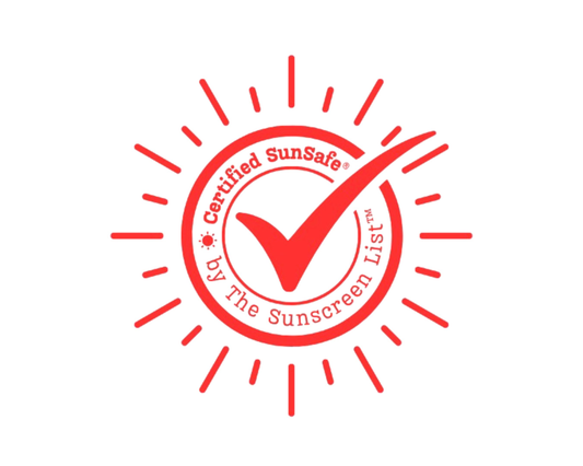 A Red sun stamp with certification tick respresenting The Sunscreen List's SunSafe® approval in the Beauty category