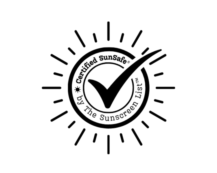 Sun stamp with certification tick respresenting The Sunscreen List's SunSafe® approval