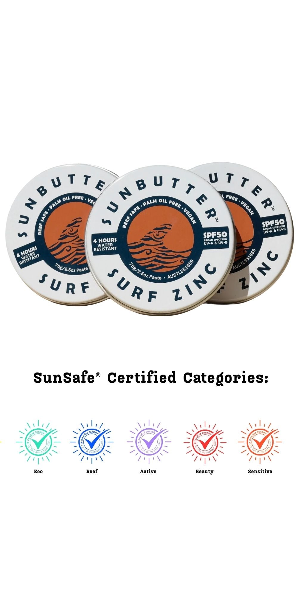 SunSafe® Vegan Natural Clear Surf Zinc SPF 50 Bundle x3 70g