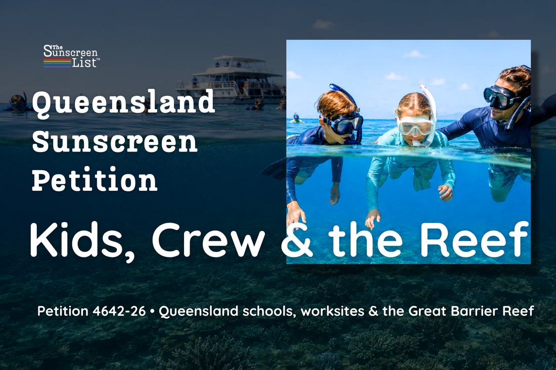 Queensland Sunscreen Petition 4642-26: Kids, Crew & the Reef, with two children and a guide snorkelling over the Great Barrier Reef.