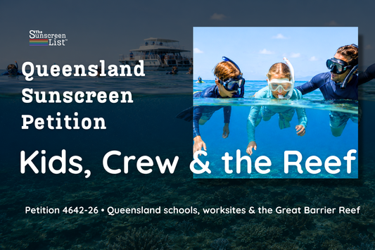 Queensland Sunscreen Petition 4642-26: Kids, Crew & the Reef, with two children and a guide snorkelling over the Great Barrier Reef.