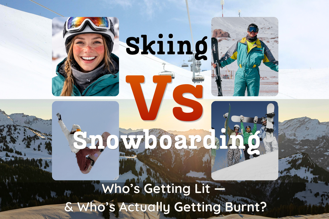 Skiing versus snowboarding on reflective snowy slopes, including a skier with visible goggle sunburn.
