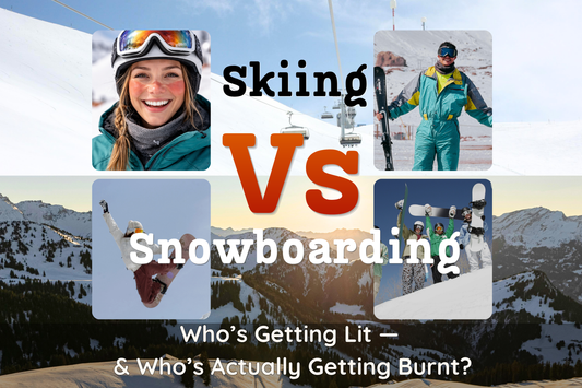 Skiing versus snowboarding on reflective snowy slopes, including a skier with visible goggle sunburn.