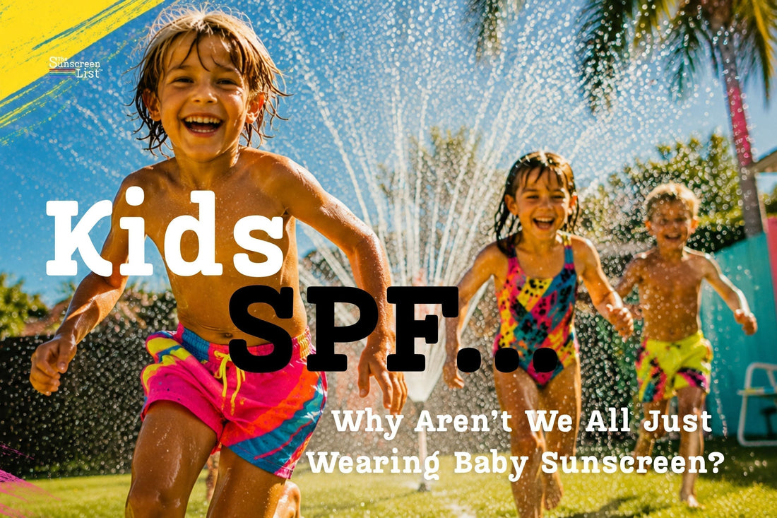 Australian kids playing under a backyard sprinkler on a sunny day for The Sunscreen List™ Kids SPF guide.