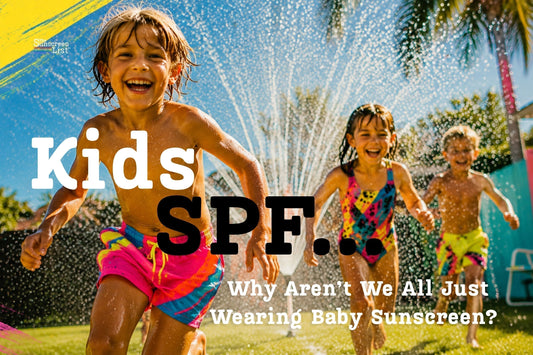 Australian kids playing under a backyard sprinkler on a sunny day for The Sunscreen List™ Kids SPF guide.