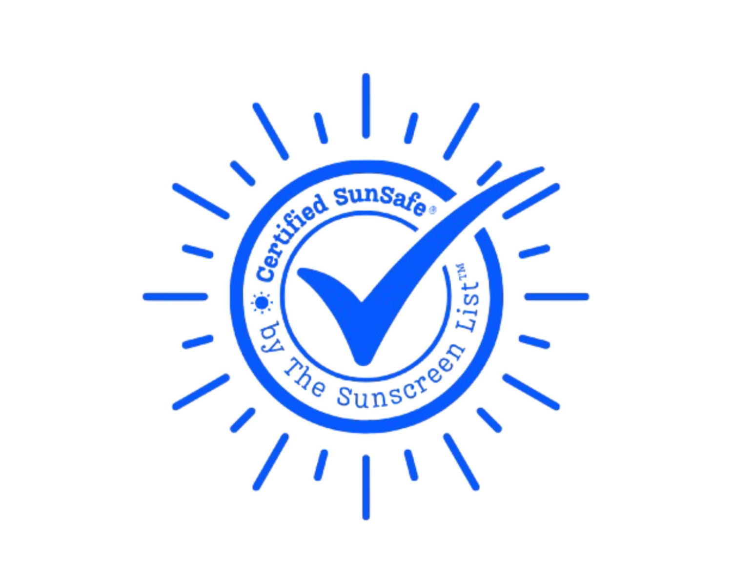 A blue sun stamp with certification tick respresenting The Sunscreen List's SunSafe® approval in the Reef safe category for sun protection that is safe for the ocean's marine life and does not have oxybenzone