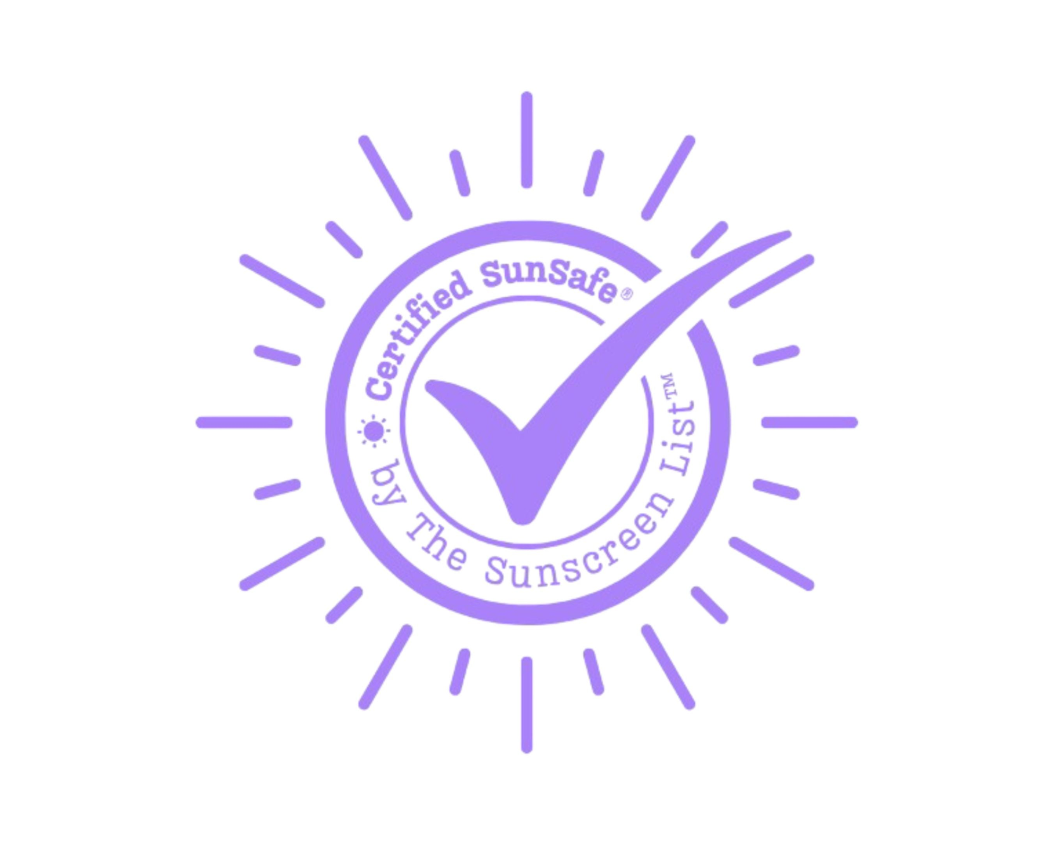 A purple sun stamp with certification tick respresenting The Sunscreen List's SunSafe® approval in the Active category for sweat and water resistant sun protection products