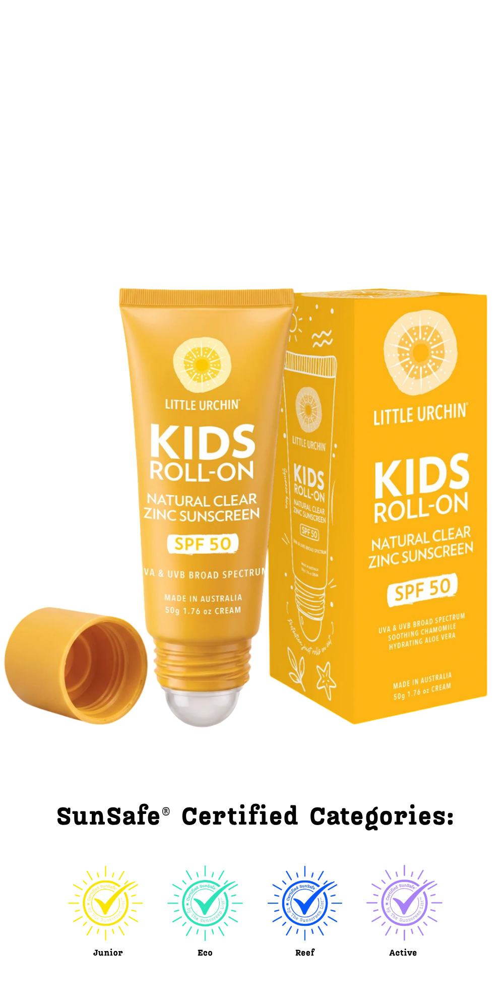 Little Urchin SunSafe® Kids Roll-on Natural Clear Zinc Sunscreen SPF 50, 50g