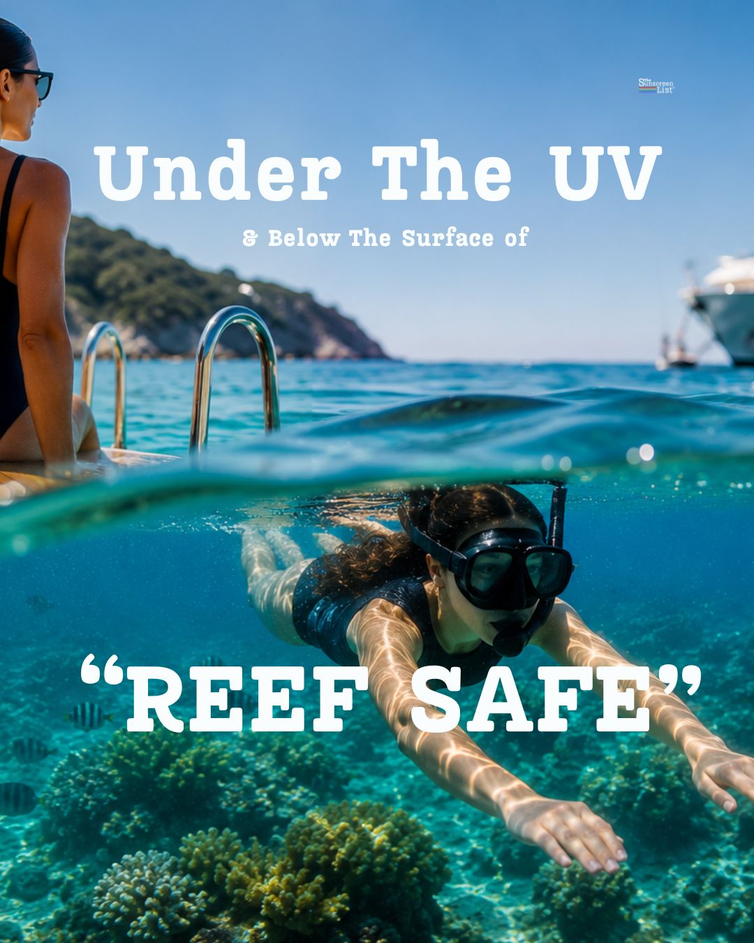 Reef snorkeling and luxury yacht swimmers exploring reef systems with safer mineral sunscreen options protecting them from tropical UV rays with modern SPF formulations that are less impactful to the reef and marine ecology than chemical sunscreens.
