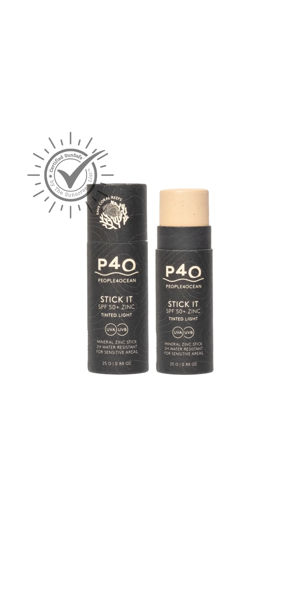 people4ocean SPF50+ Tinted Light Zinc Stick, 25g, with beige zinc exposed beside its black lid and the SunSafe® certification stamp.