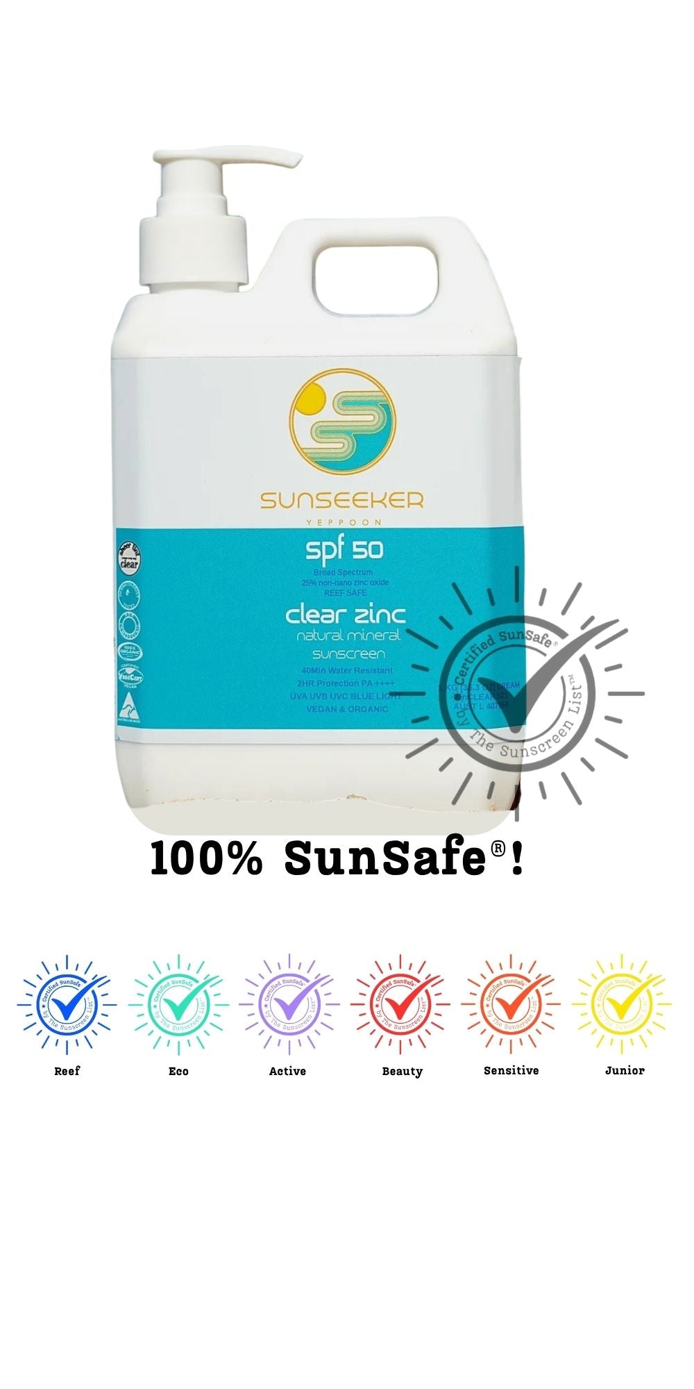 Sunseeker SunSafe®  Natural Mineral Zinc Sunscreen SPF 50 1L Pump - Reef-Safe Water Resistant & Organic
