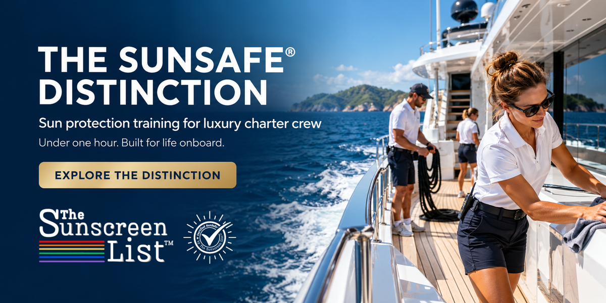 The SunSafe® Distinction offers under-one-hour sun protection training for luxury charter crew, shown working aboard a yacht.